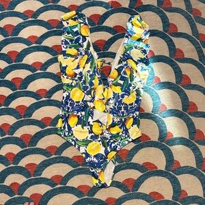 Yellow Lemon Print One-Piece Swimsuit - Vibrant Blue & White Pattern